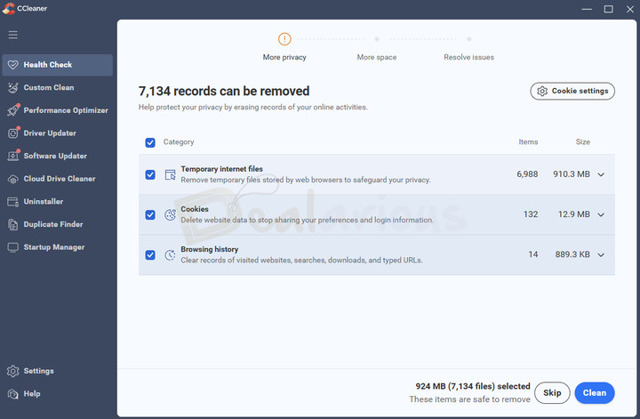 ccleaner-7-pro-health-check-privacy-cleanup CCleaner Health Check displaying temporary files, cookies, and browsing history ready for cleanup.