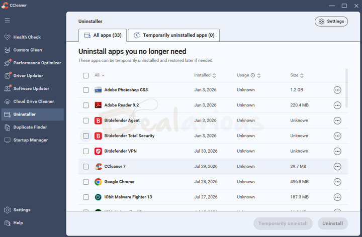 ccleaner-pro-7-uninstall-feature CCleaner Uninstaller displaying installed applications available for removal