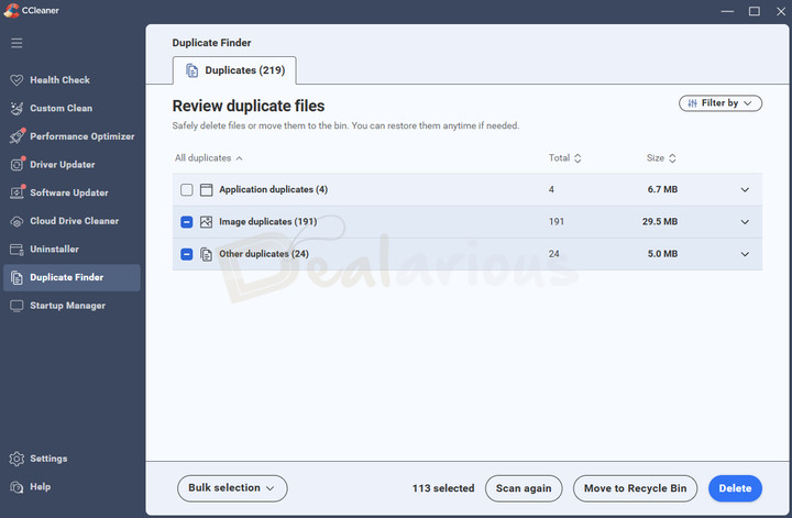 ccleaner-pro-duplicate-files-finder CCleaner 7 Duplicate Finder tool showing duplicate files that you can delete to free up disk space.