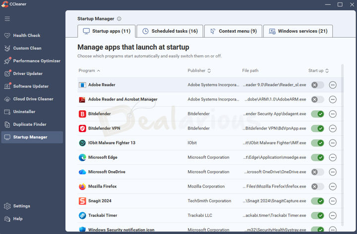 ccleaner-pro-startup-manager Startup Manager showing startup applications and startup toggle controls