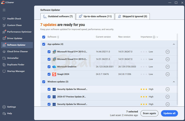 ccleaner-professional-software-updater Software Updater listing outdated applications and available software updates