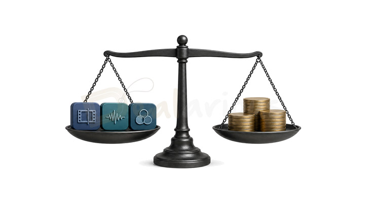 cost-vs-features Editing features balanced against stacks of coins on a scale.