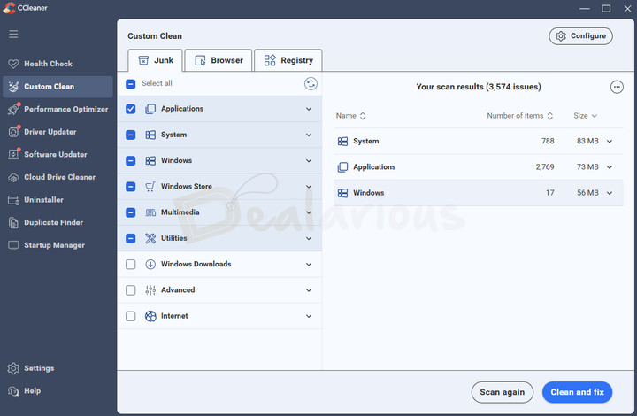 custom-cleaning-ccleaner-7-pro CCleaner Custom Clean scan results showing junk files, browser data, and Windows cleanup options.