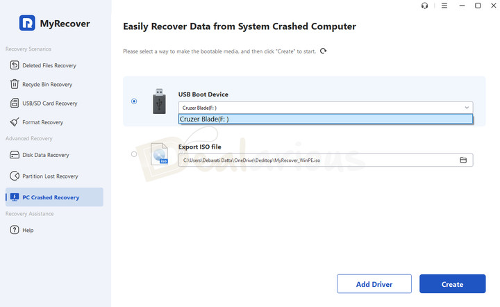 myrecover-bootable-media-creator MyRecover's bootable media creator with options to create a bootable USB drive or exporting a WinPE ISO file.