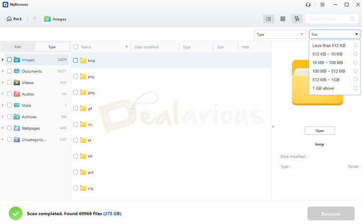 myrecover-filter-options MyRecover displaying filter options to narrow recovery results by file type and file size.