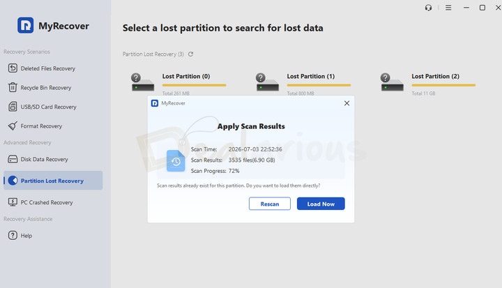 myrecover-load-previous-scan-results MyRecover prompting to load previously saved scan results before rescanning a lost partition