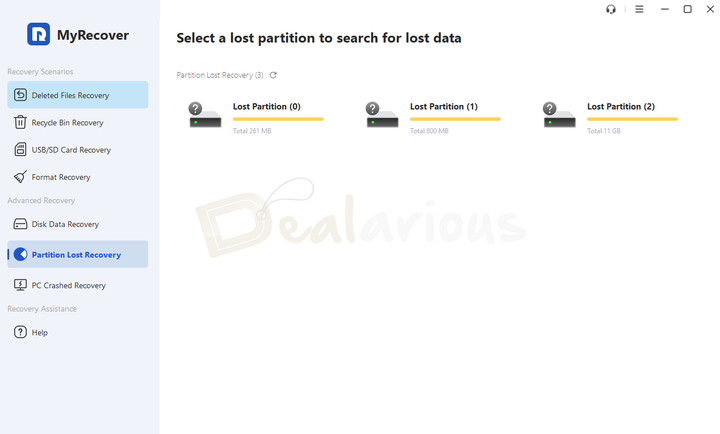 myrecover-lost-partition-recovery MyRecover detecting lost partitions available for recovery.
