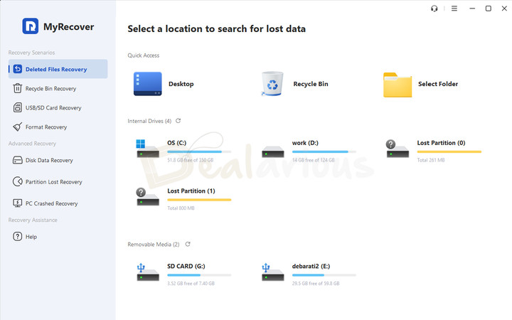 myrecover-main-interface MyRecover's main interface shows internal and external drives, recovery locations, and available recovery options.
