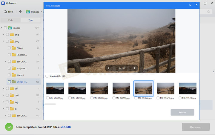 myrecover-preview MyRecover preview window displaying recoverable image files before restoring them to the selected location.