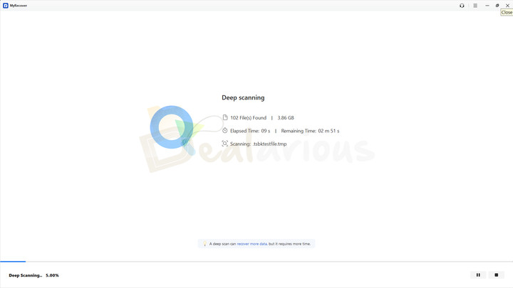 myrecover-scanning-process MyRecover performing a deep scan to search for recoverable files on a selected drive.