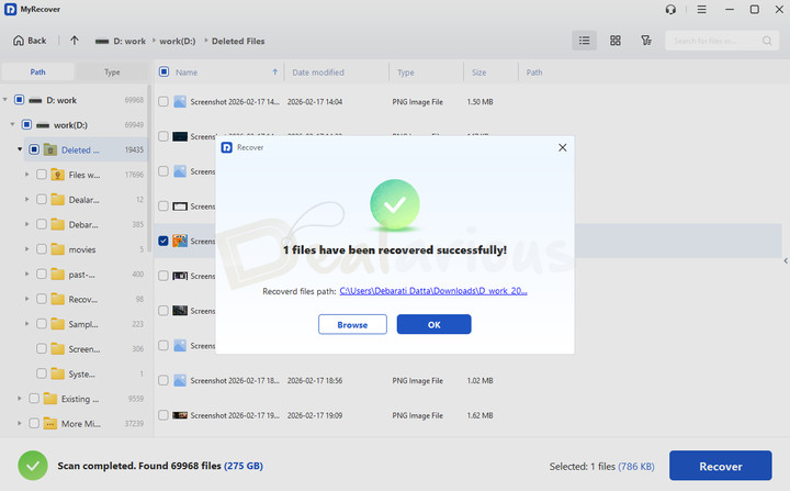 myrecover-successful-file-recovery MyRecover displaying a recovery completed dialog showing the number of files successfully restored and the recovery destination.