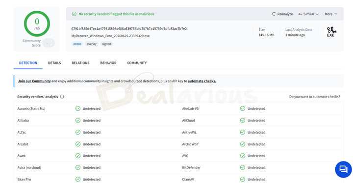 myrecover-virus-total-results VirusTotal scan results showing MyRecover installer with 0 detections across 65 security vendors.