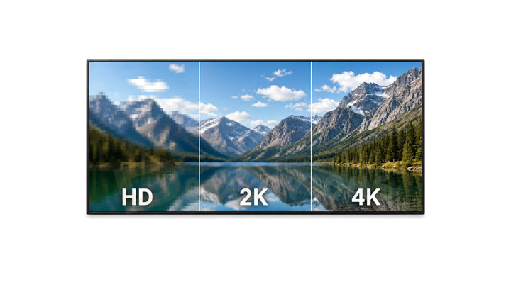 output-resolution-needs HD, 2K, and 4K comparison using the same mountain and lake scene at increasing detail.