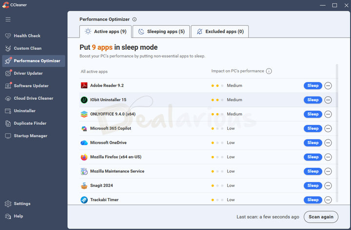 performance-optimizer-ccleaner-7-pro CCleaner Performance Optimizer showing active apps that can be put into sleep mode to improve PC performance.
