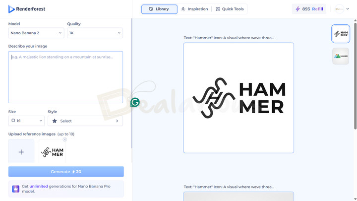 renderforest-logo-maker AI Logo Generator interface showing a generated logo preview, with options to adjust the prompt, AI model, image quality, size, style, and reference images.