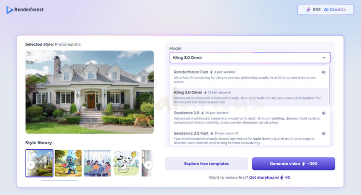 renderforest-long-ai-video-creator Renderforest Long AI Video interface where users can choose an AI model, select a visual style, and generate AI-powered videos from text prompts.
