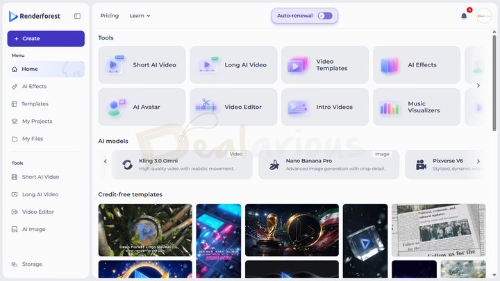 renderforest-online-video-editor-dashboard Renderforest dashboard displaying the main workspace with AI tools, video editor, templates, AI models, and the left navigation panel for quick access to available features.