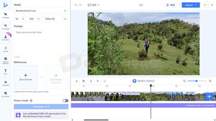 renderforest-online-video-editor-workspace Renderforest Video Editor displaying the editing workspace with timeline controls, preview window, prompt settings, aspect ratio, resolution, and reference frame options for manual video editing.