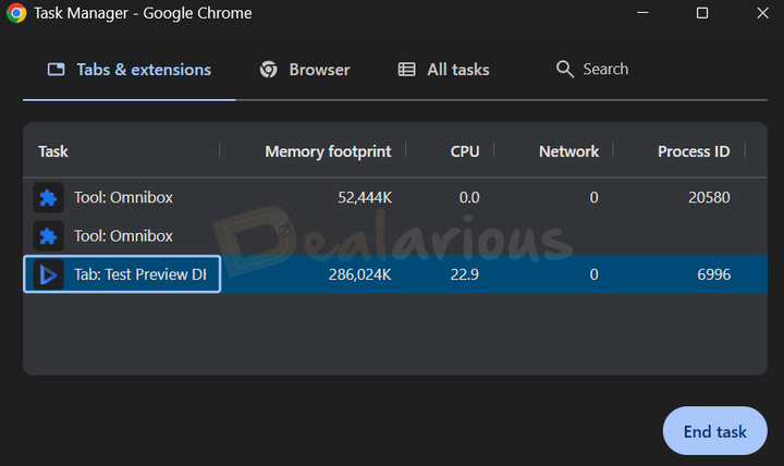 renderforest-performance-video-rendering Chrome Task Manager showing Renderforest's CPU, memory, and network usage during video rendering.