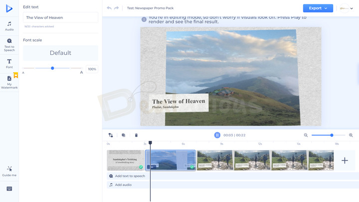 renderforest-template-based-video-editing Renderforest template editor with template slides at the timeline, preview screen at top, option to change font, add text-to-speech and audio editing options.