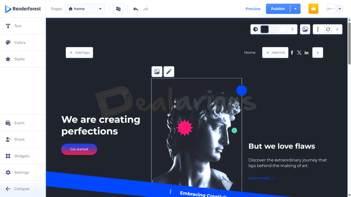 renderforest-website-builder Renderforest website builder interface showing a customizable homepage template with website editing and design tools.