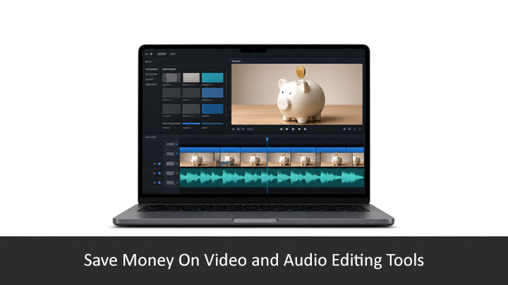 save-money-video-audio-editing-tools-featured-image Video editor open on a laptop with a piggy bank clip and an audio waveform on the timeline.