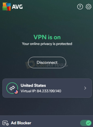 avg-secure-vpn-browser-extension-ad-blocker AVG Secure VPN browser extension with Ad Blocker enabled and connected to a United States server.