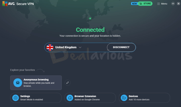 avg-secure-vpn-dashboard AVG Secure VPN dashboard showing an active connection to a United Kingdom server and quick-access options.