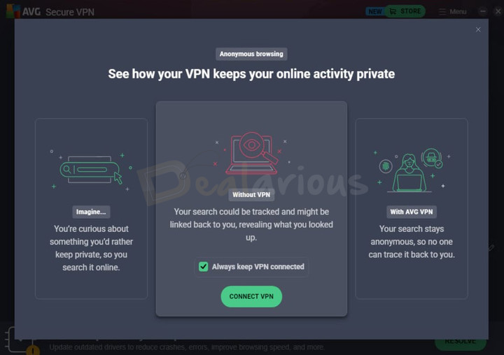 avg-secure-vpn-smart-mode-connect-vpn AVG Secure VPN Smart Mode screen for anonymous browsing showing the Connect VPN button and Always keep VPN connected option.