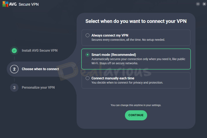avg-secure-vpn-smart-mode-setup AVG Secure VPN setup screen showing Smart mode as the recommended option for automatic VPN connections.