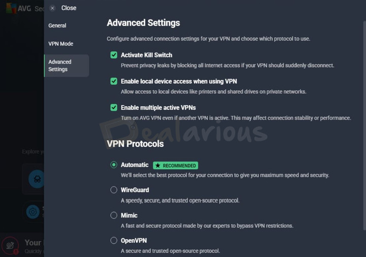 avg-vpn-advanced-settings AVG Secure VPN Advanced Settings showing kill switch, local device access, multiple VPN connections, and protocol options