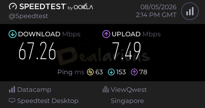 avg-vpn-baseline-isp-speed Baseline Speedtest showing 67.26 Mbps download and 7.49 Mbps upload speed before AVG Secure VPN testing.