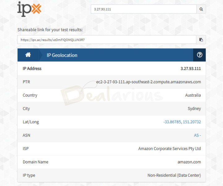 avg-vpn-ip-geolocation-test IPX geolocation test showing the VPN IP address, server location, and ISP details.