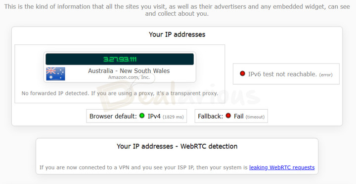 avg-vpn-ip-leak-test-ipleak AVG Secure VPN IP leak test showing a masked IP address and WebRTC leak detection results.