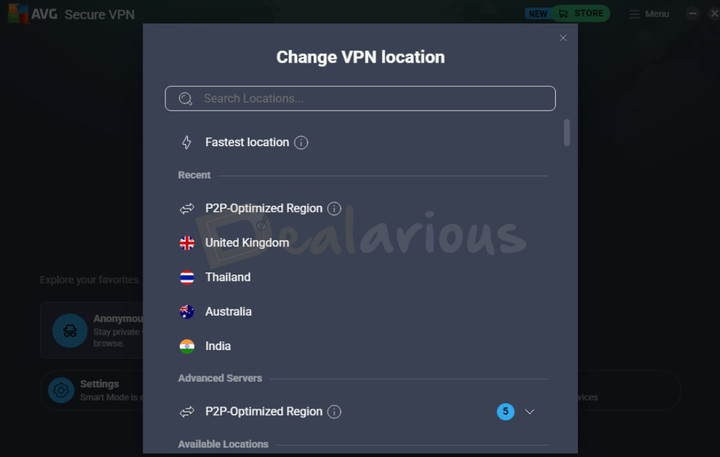 avg-vpn-server-location-selection AVG Secure VPN location menu showing available server locations and P2P-optimized regions.