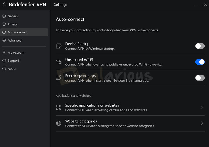 bitdefender-premium-vpn-auto-connect-settings Auto-Connect settings showing options to automatically connect on startup, unsecured Wi-Fi, peer-to-peer apps, and selected websites.