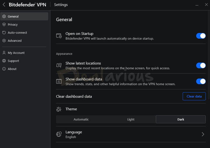 bitdefender-premium-vpn-general-settings Bitdefender VPN General settings showing startup preferences, dashboard options, theme selection, language settings, and data clearing controls.