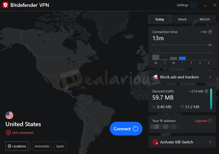 bitdefender-premium-vpn-interface Bitdefender VPN dashboard displaying the selected server location, connection button, VPN statistics, secured traffic, kill switch, and connection status.