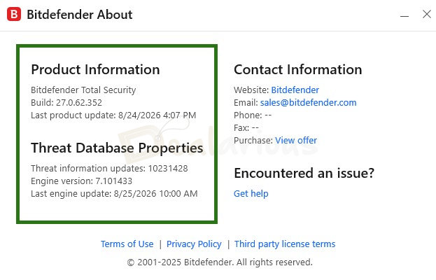 bitdefender-version-and-build-check Bitdefender About window showing Total Security build version and threat database update details.