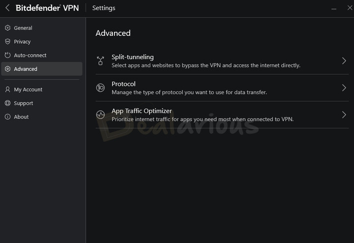 bitdefender-vpn-advanced-features Advanced settings with Split Tunneling, VPN protocol selection, and App Traffic Optimizer options.