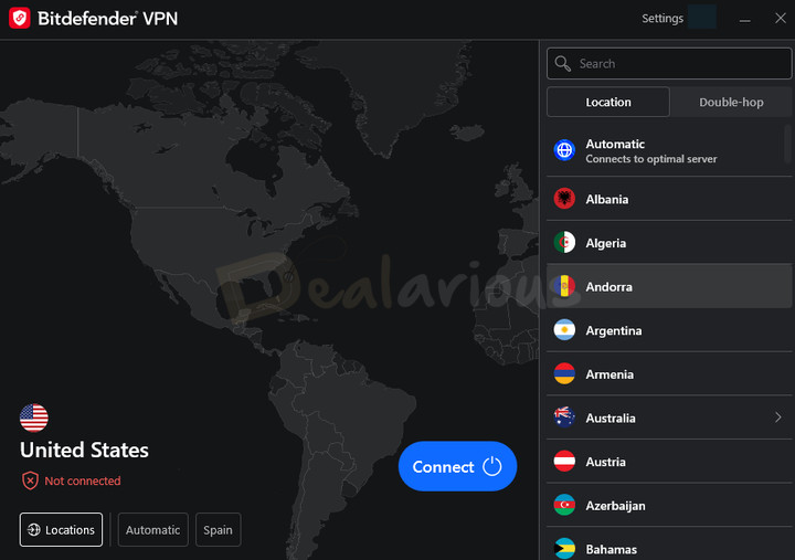 bitdefender-vpn-app-dashboard Bitdefender VPN app displaying server locations, automatic connection, and Connect button