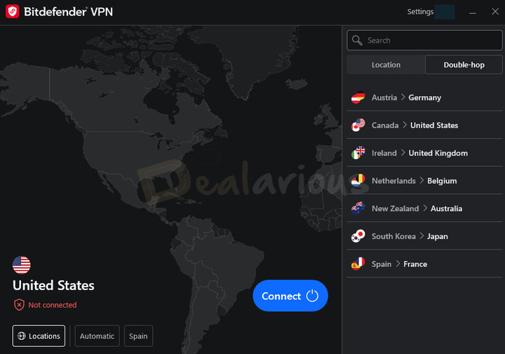 bitdefender-vpn-double-hop Bitdefender VPN Double Hop server selection screen displaying available multi-hop location pairs for enhanced privacy.