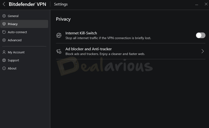 bitdefender-vpn-privacy-settings Privacy settings showing the Internet Kill Switch and Ad Blocker and Anti-tracker options.