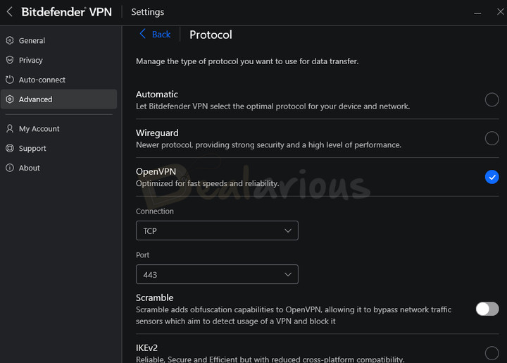 bitdefender-vpn-protocols Bitdefender VPN protocol options including Automatic, WireGuard, OpenVPN, and IKEv2.