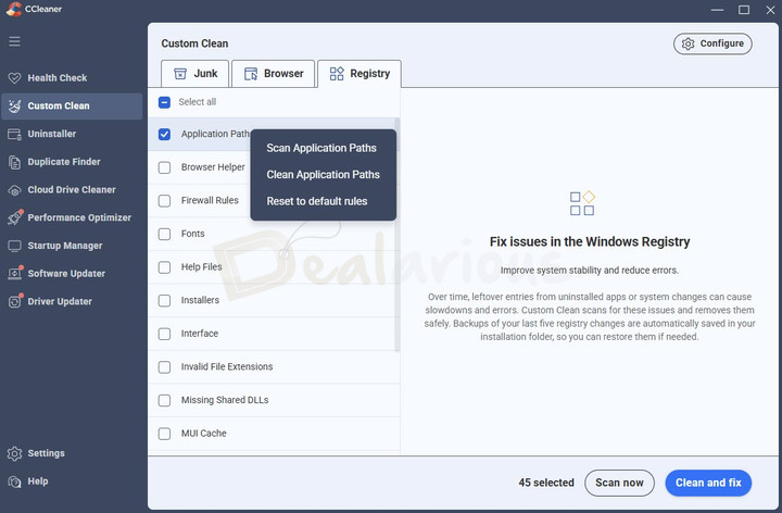 ccleaner-7-pro-custom-clean-registry-cleaner CCleaner 7 Pro Custom Clean Registry tab displaying registry cleanup categories and options to scan or clean application paths