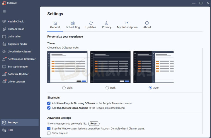 ccleaner-7-pro-general-settings CCleaner General Settings with theme, shortcuts, and advanced options.