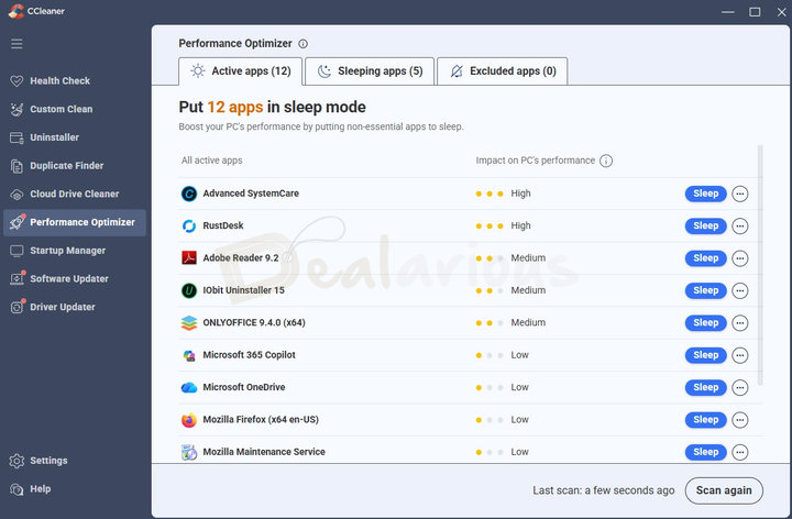 ccleaner-pro-performance-optimizer CCleaner Performance Optimizer showing active apps that can be put into sleep mode to improve PC performance.