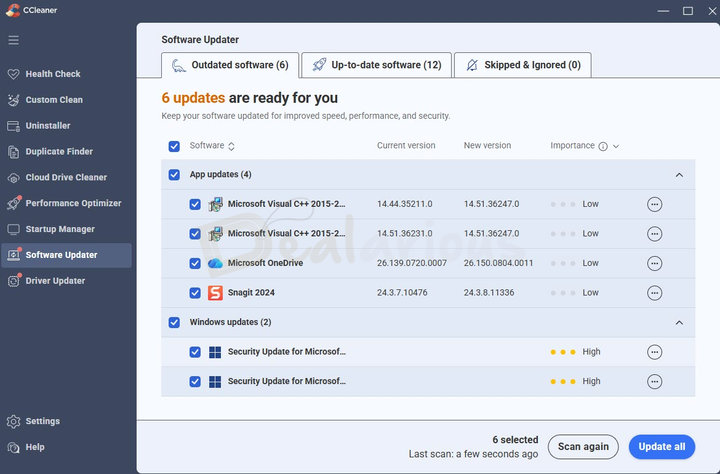 ccleaner-software-updater Software Updater listing outdated applications and available software updates