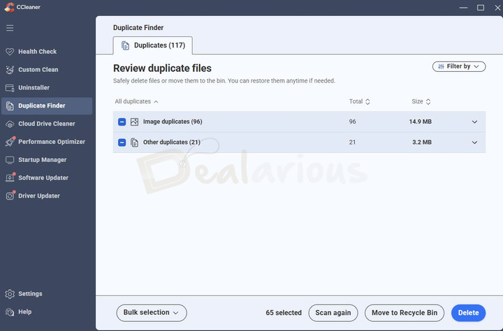 duplicate-files-finder CCleaner 7 Duplicate Finder tool showing duplicate files that you can delete to free up disk space.