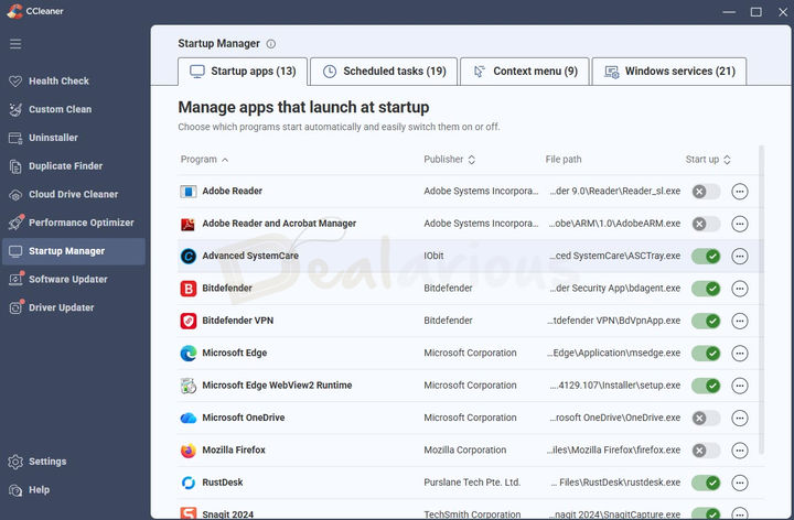 startup-manager-ccleaner-7-pro Startup Manager showing startup apps, scheduled tasks, context menu, and Windows services management
